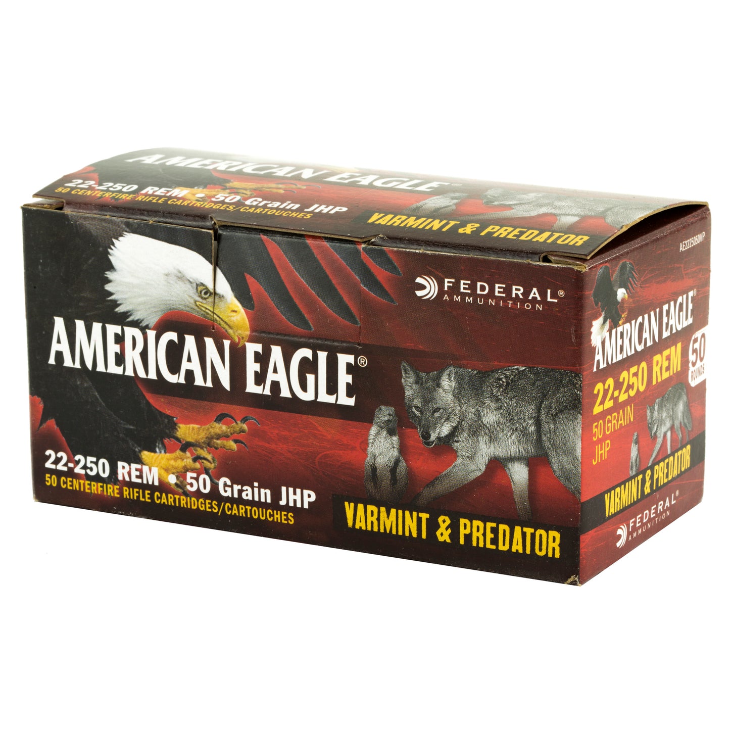 Federal American Eagle Varmint & Predator 22-250 Remington 50 Grain Hollow Point Ammunition * Reloadable Brass, Explosive Expansion