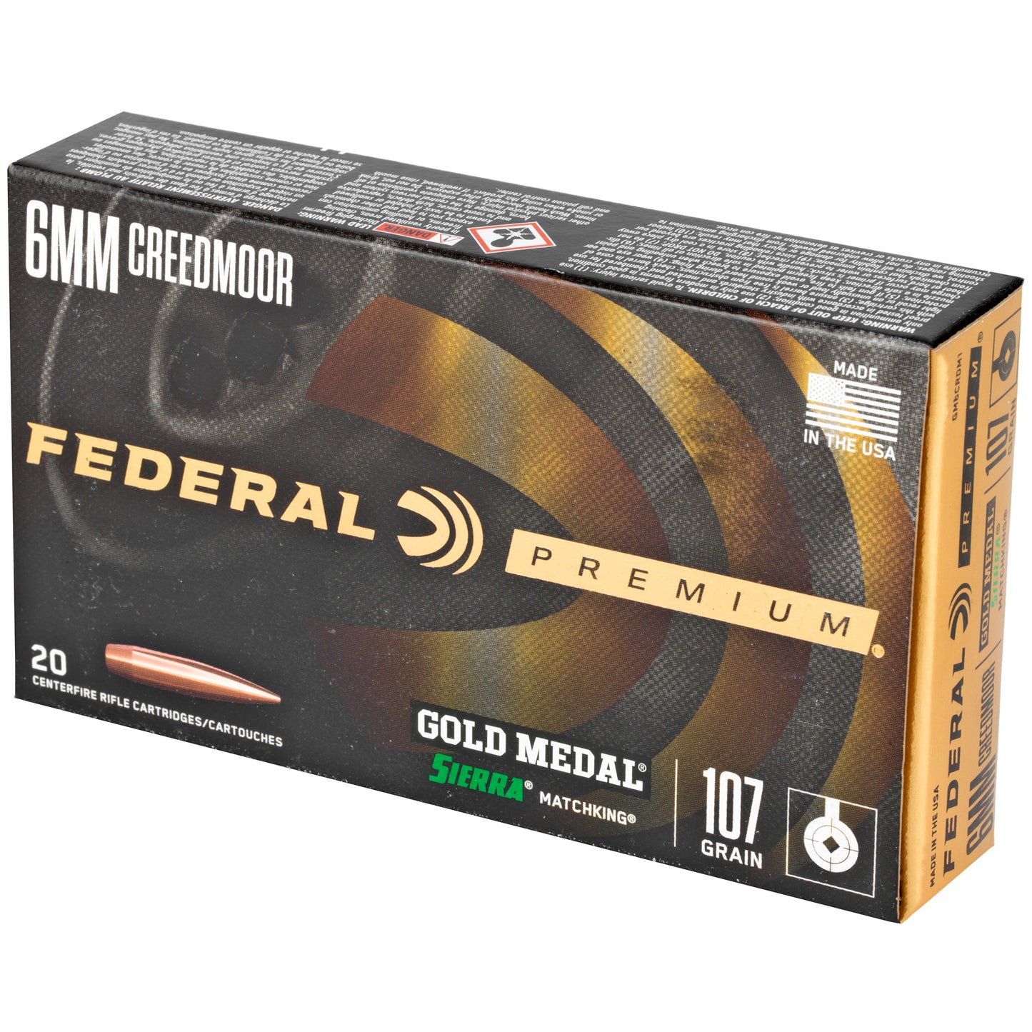 Federal Premium Gold Medal 6mm Creedmoor 107 Grain Sierra MatchKing Hollow Point Ammunition - 20 Rounds