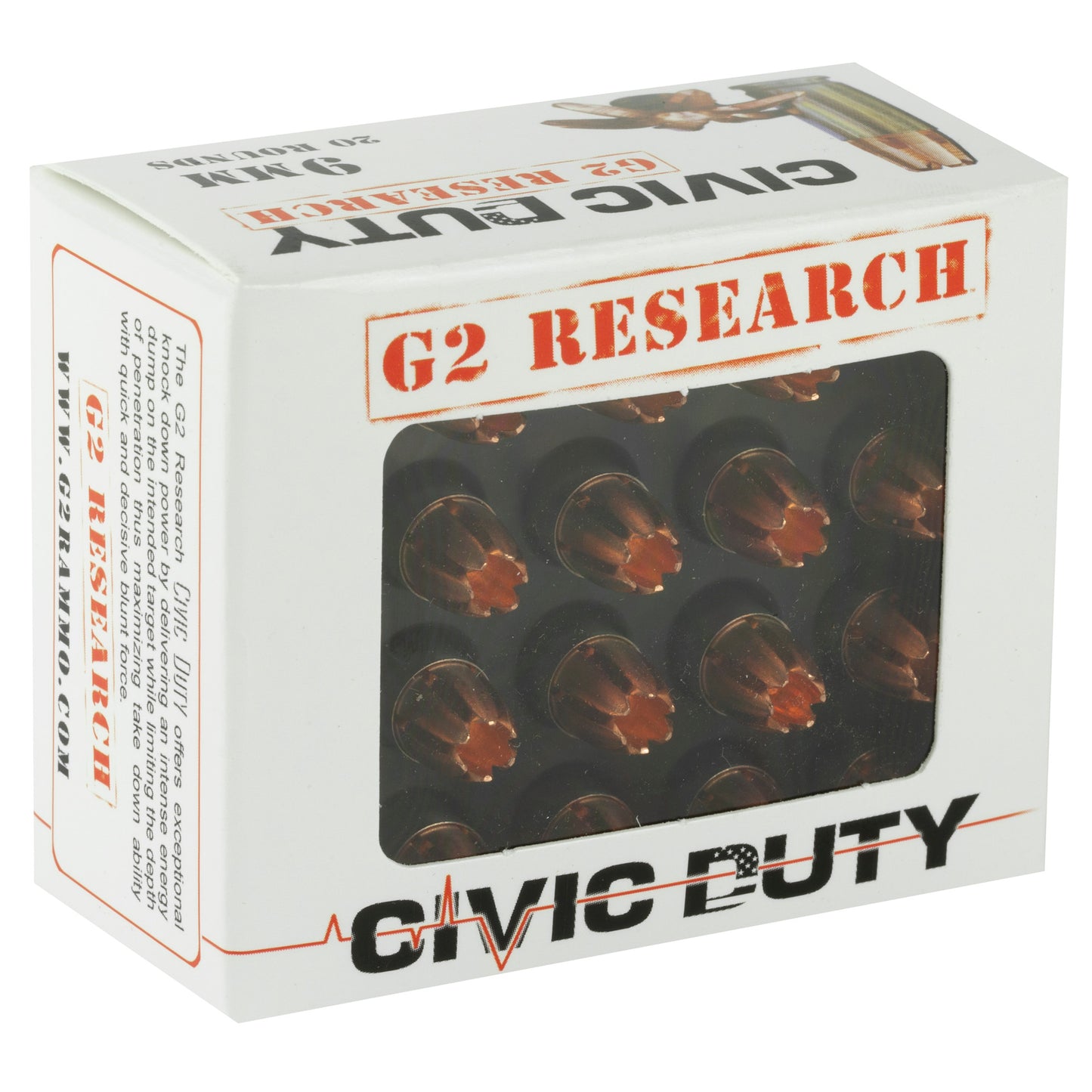 G2 Research Civic Duty 9mm 94-Grain Copper Self-Defense Ammunition, Pack of 20