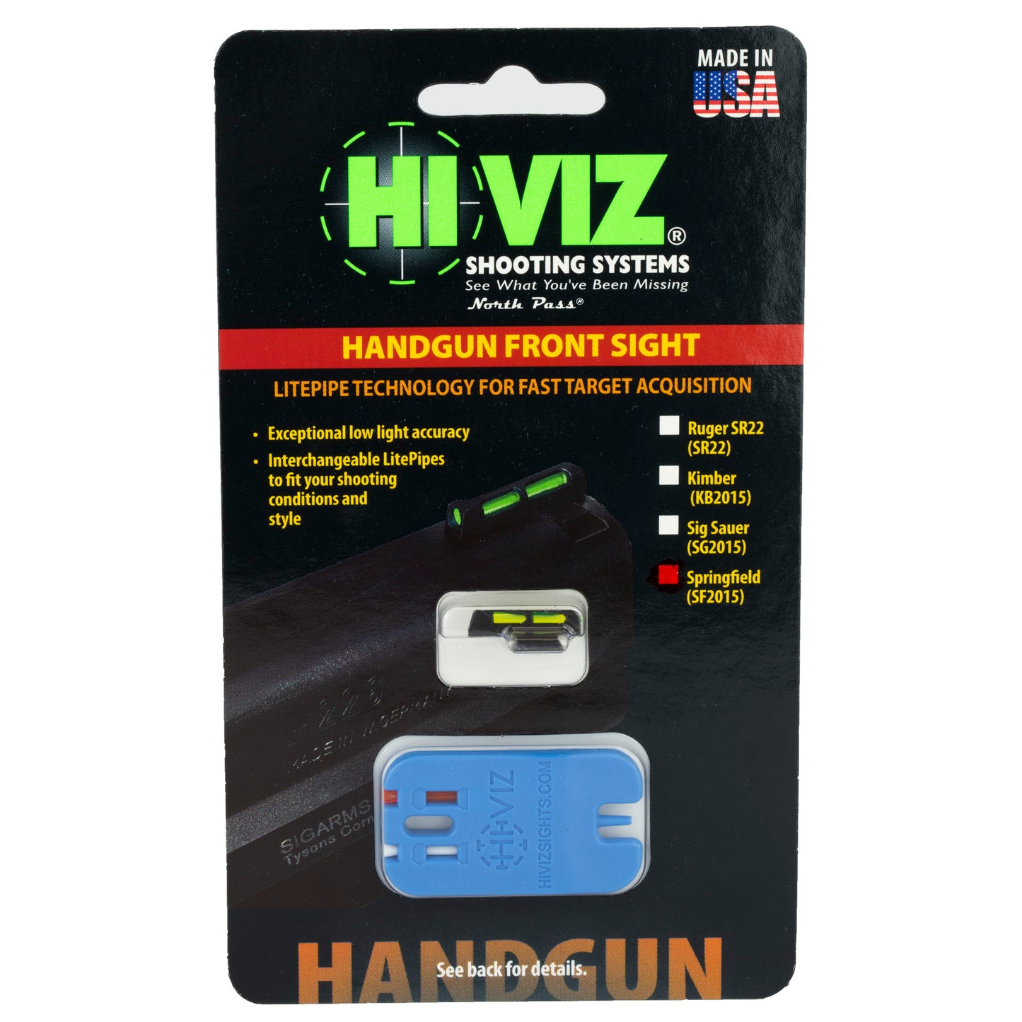 Hi-Viz LiteWave Front Sight for Springfield 1911 Pistols * Green with Replaceable LitePipes