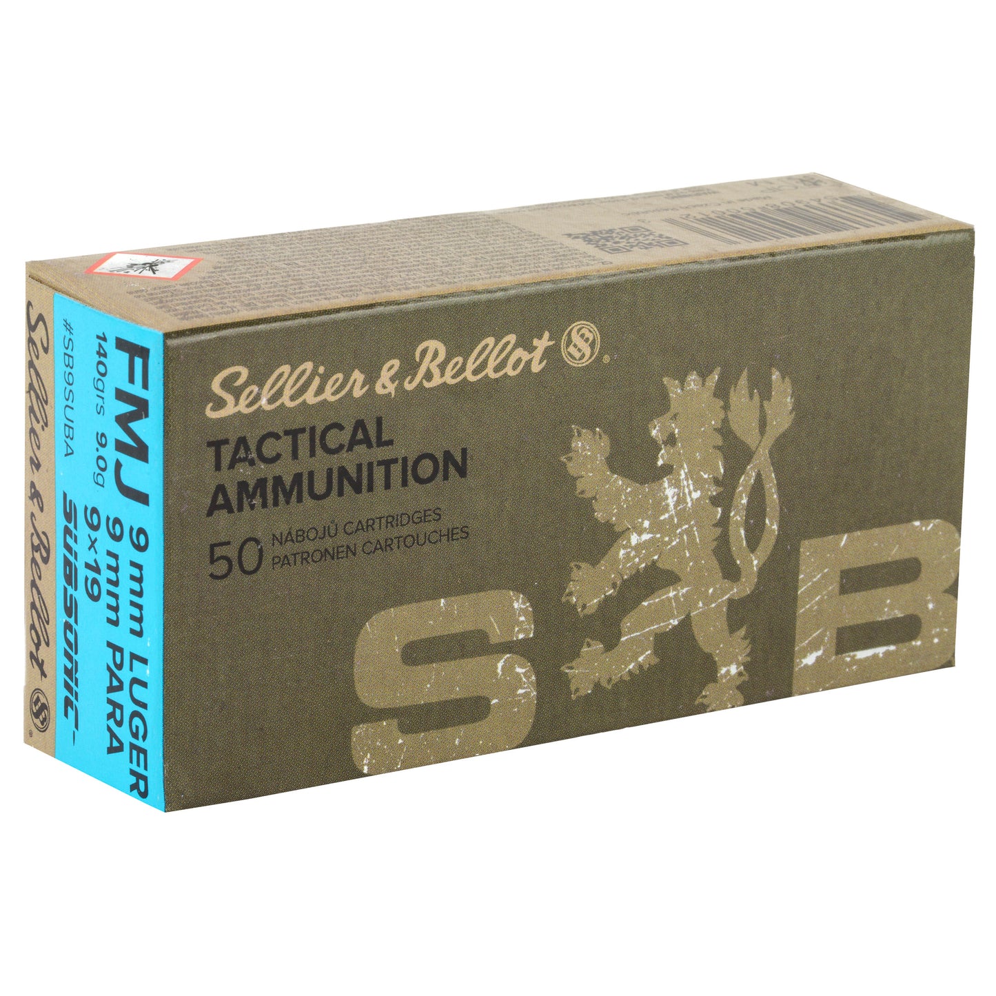 Sellier & Bellot 9mm Subsonic 140-Grain FMJ Pistol Ammunition - 50 Rounds per Box