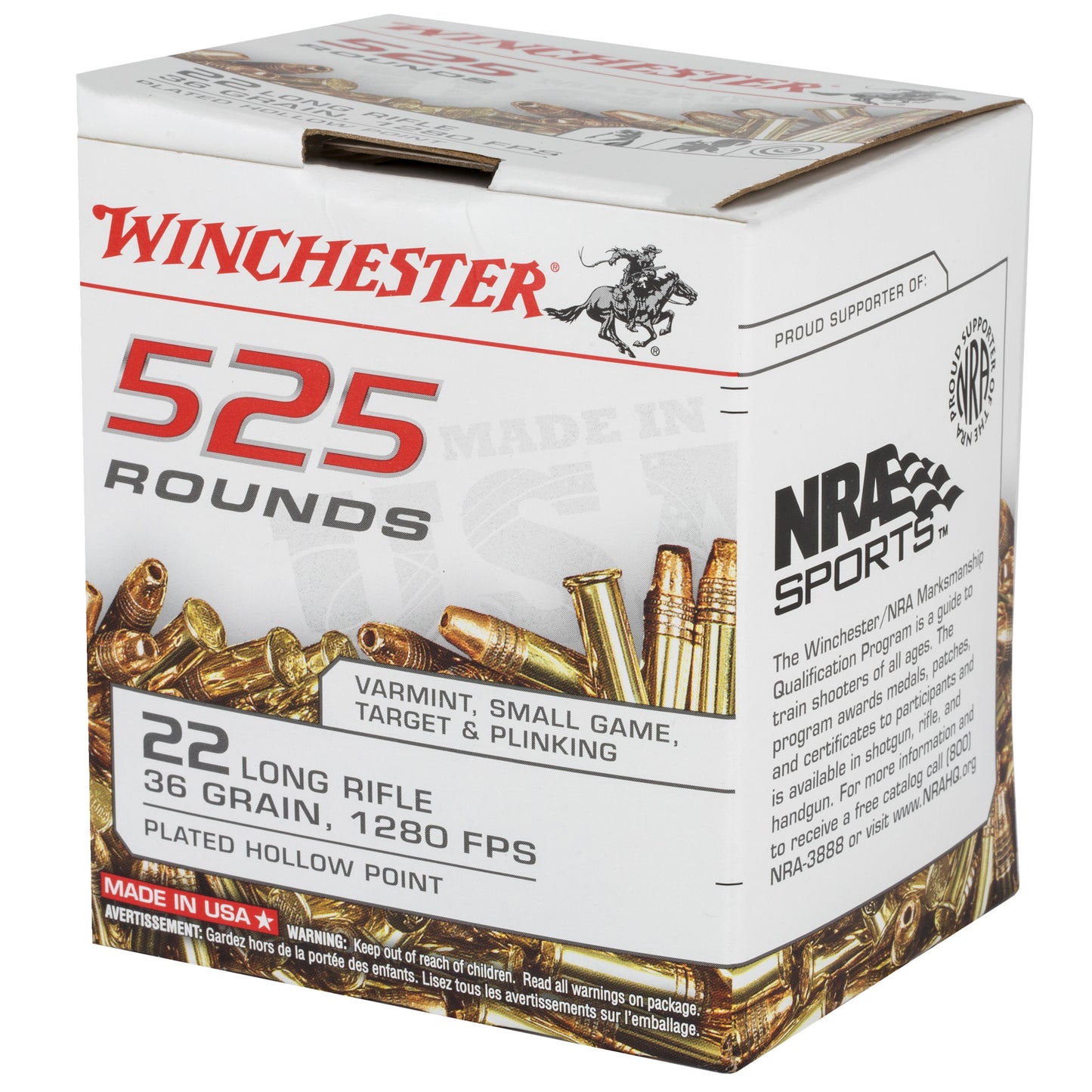 Winchester Ammunition USA .22 Long Rifle Hollow Point Ammo - 36 Grain, 525 Rounds per Box