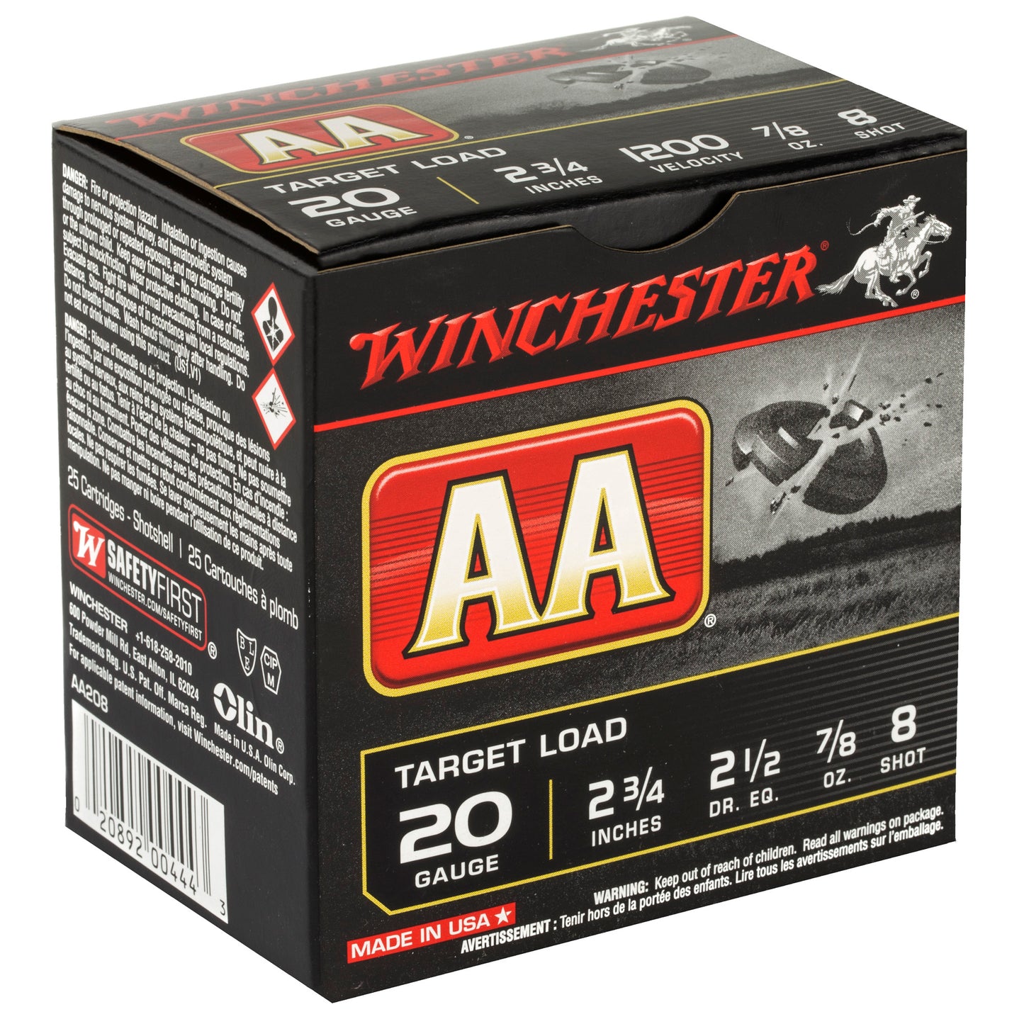Winchester Ammunition AA Target 20 Gauge Shotshells, 2.75 Inch, #8 Shot, 0.875 Oz, 25 Rounds per Box