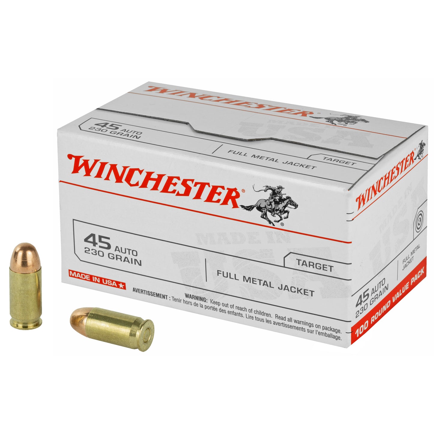 Winchester Ammunition USA 45 ACP 230-Grain Full Metal Jacket Ammo * 100 Rounds / Box, 500 Rounds / Case