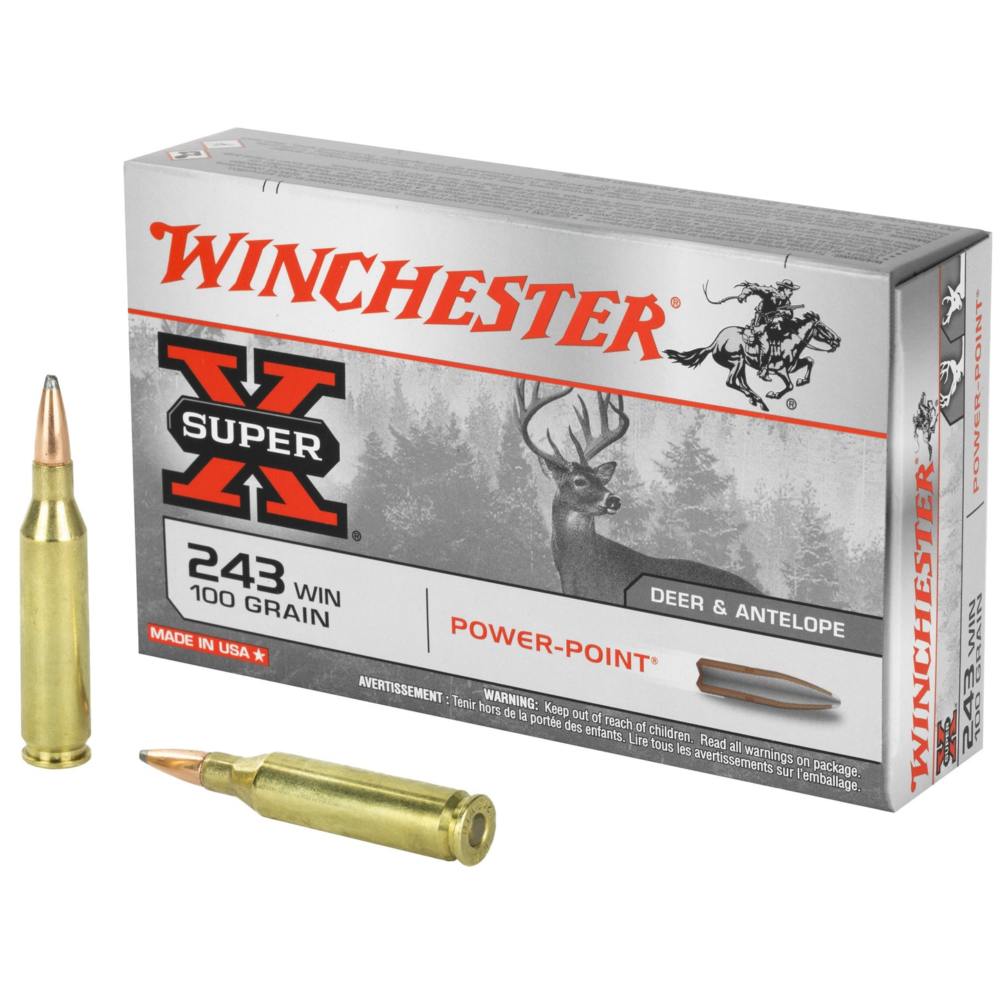 Winchester Ammunition Super-X Power-Point .243 Winchester 100 Grain Centerfire Rifle Ammo, 20 Rounds per Box