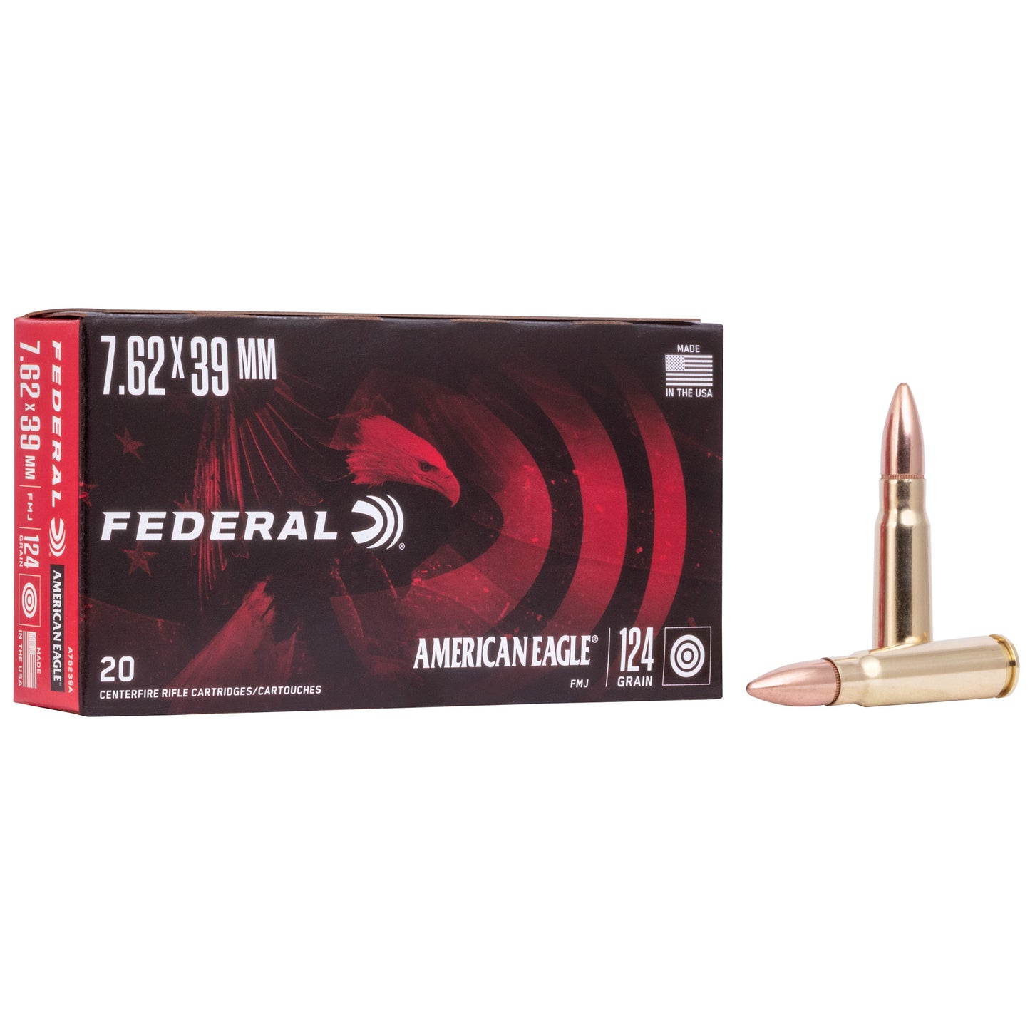 Federal American Eagle 7.62x39mm 124 Grain FMJ Rifle Ammunition, 20 Rounds per Box