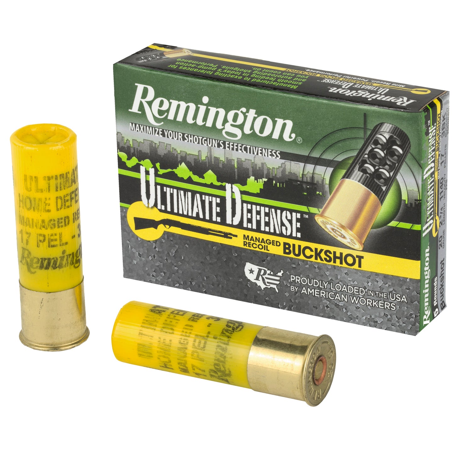 Remington Ultimate Defense 20 Gauge 2.75-Inch Shotshells, 8-Pellet Managed Recoil Buckshot - 5 Rounds per Box