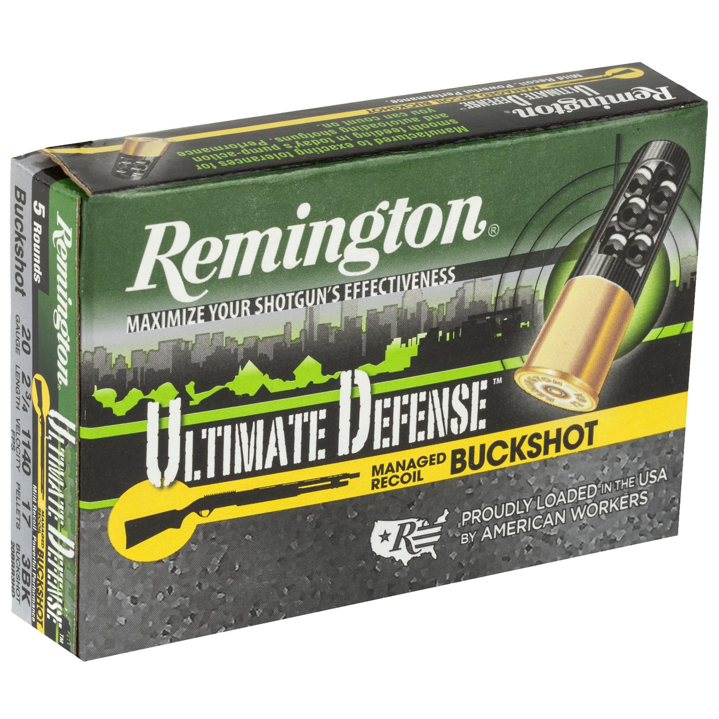 Remington Ultimate Defense 20 Gauge 2.75-Inch Shotshells, 8-Pellet Managed Recoil Buckshot - 5 Rounds per Box