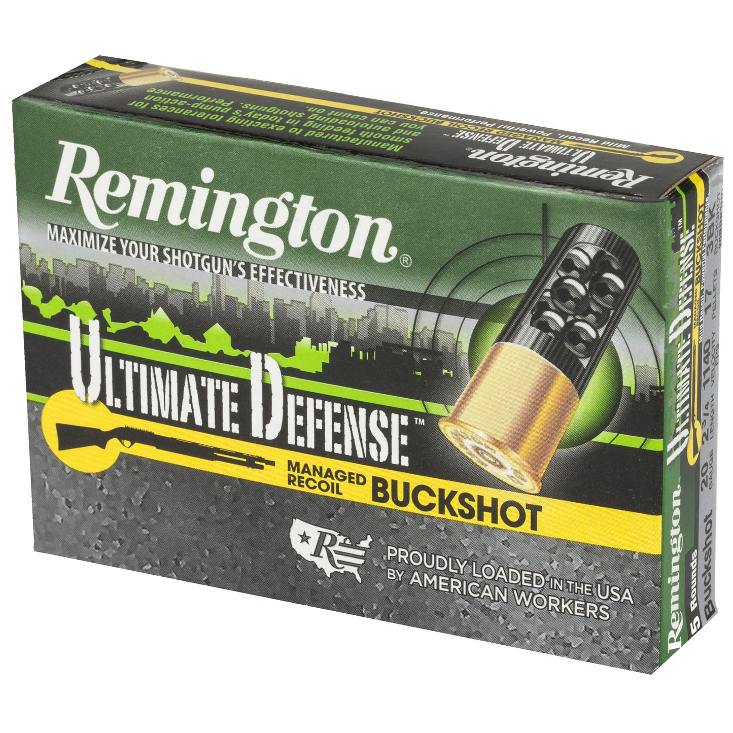 Remington Ultimate Defense 20 Gauge 2.75-Inch Shotshells, 8-Pellet Managed Recoil Buckshot - 5 Rounds per Box
