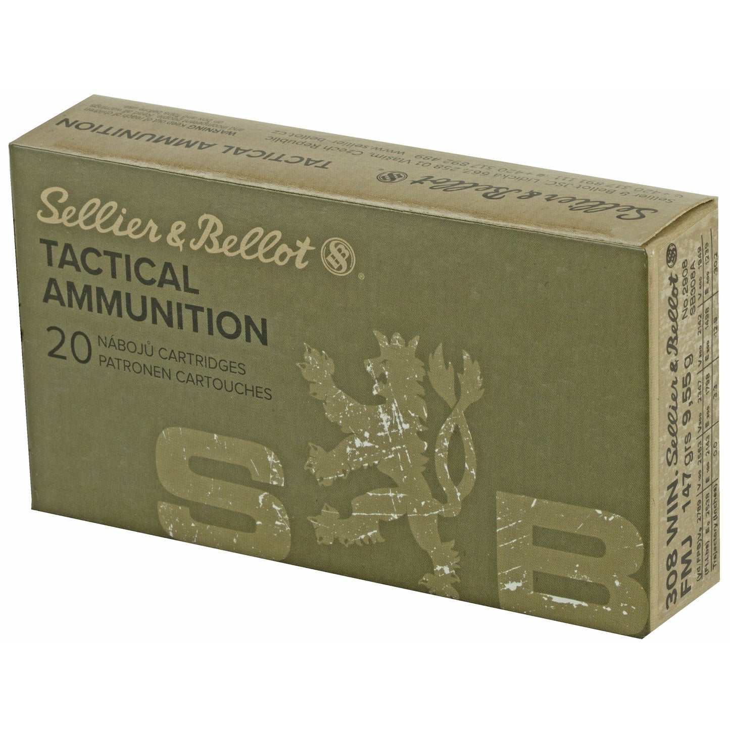 Sellier & Bellot 308 Winchester 147 Grain FMJ Rifle Ammunition (20 Rounds / Box, 500 Rounds / Case)