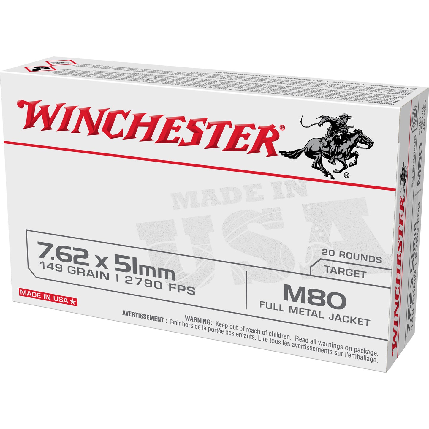 Winchester Ammunition 7.62x51mm M80 Full Metal Jacket Ammo - 149 Grain, Box of 20