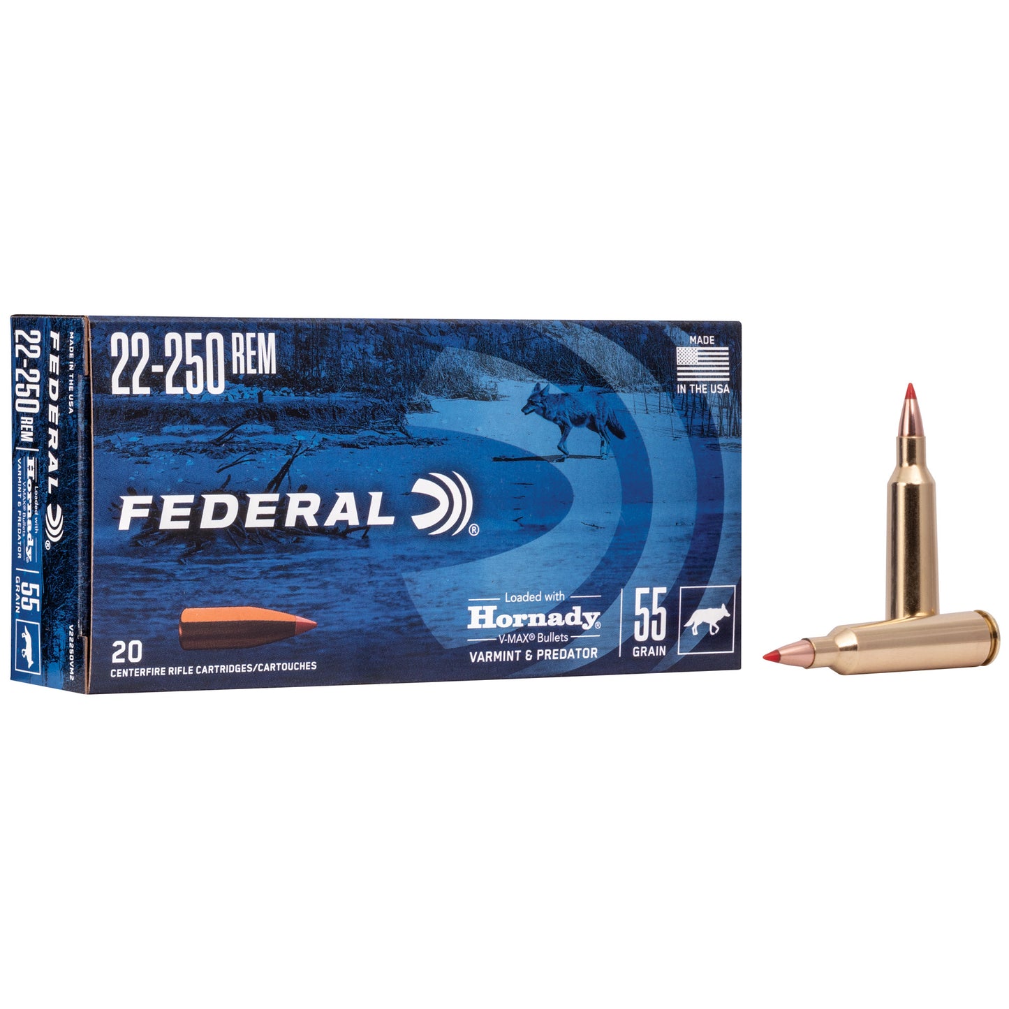Federal Varmint & Predator .22-250 Remington 55 Grain V-Max Ammo (20 Rounds per Box)