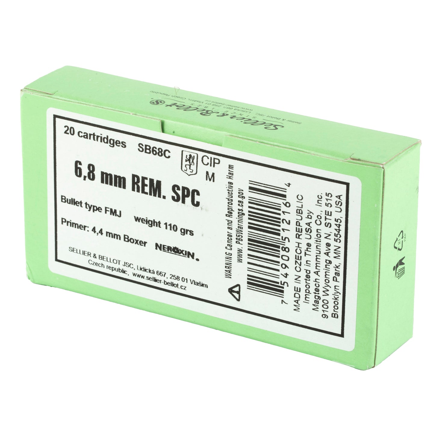Sellier & Bellot 6.8 SPC 110 Grain Full Metal Jacket Rifle Ammunition - 20 Rounds