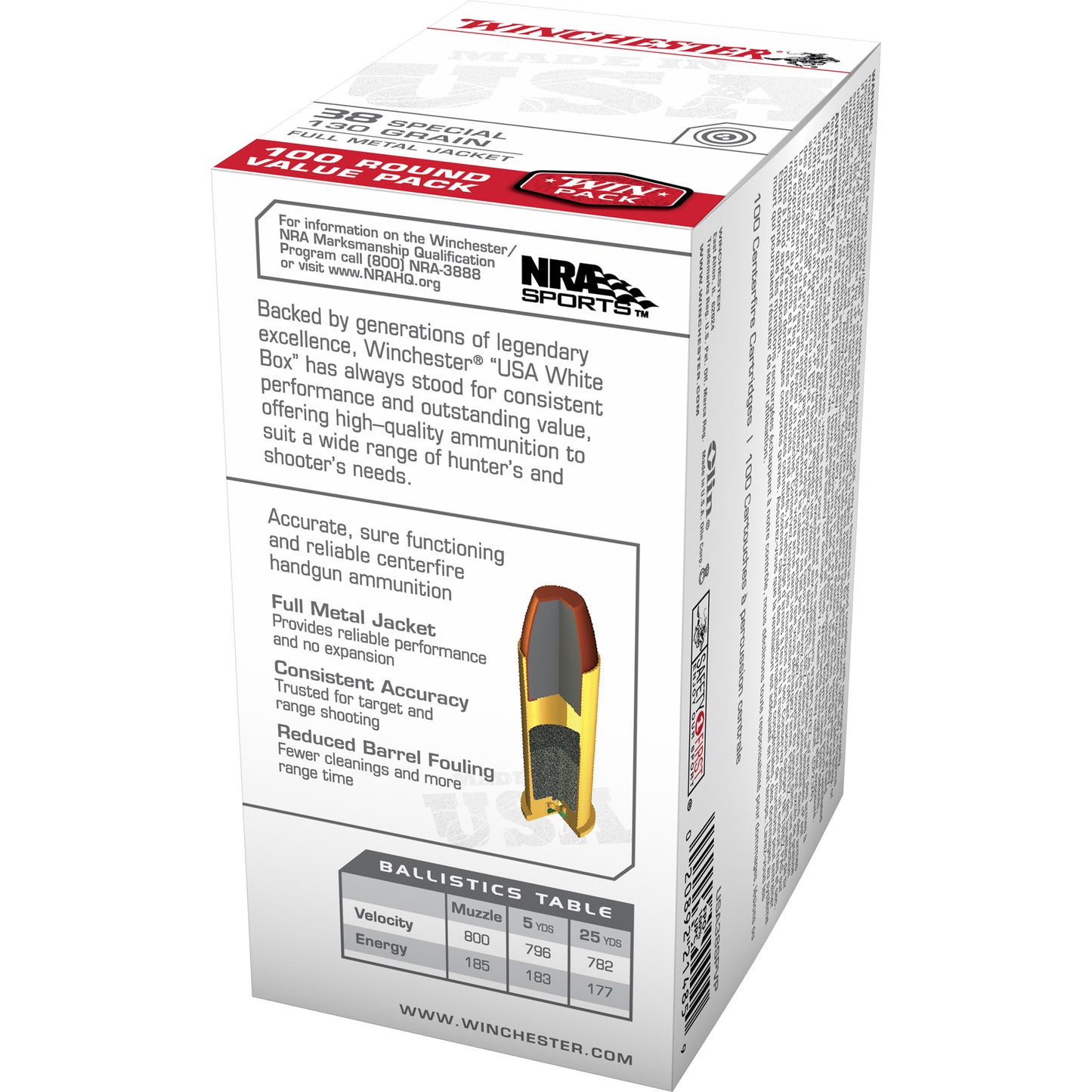 Winchester Ammunition USA White Box 38 Special Full Metal Jacket 130 Grain * 100 Rounds per Box, 500 per Case