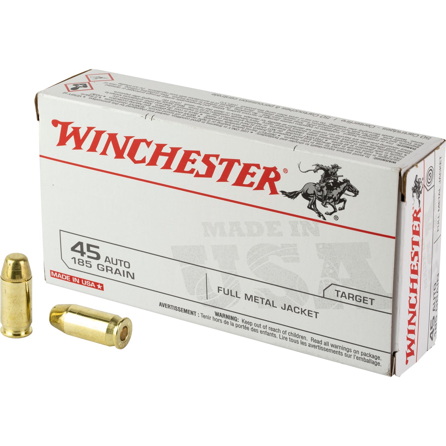 Winchester Ammunition USA White Box .45 ACP 185-Grain Full Metal Jacket * 50 Rounds per Box, 500 per Case