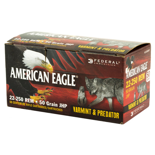 Federal American Eagle Varmint & Predator 22-250 Remington 50 Grain Hollow Point Ammunition * Reloadable Brass, Explosive Expansion