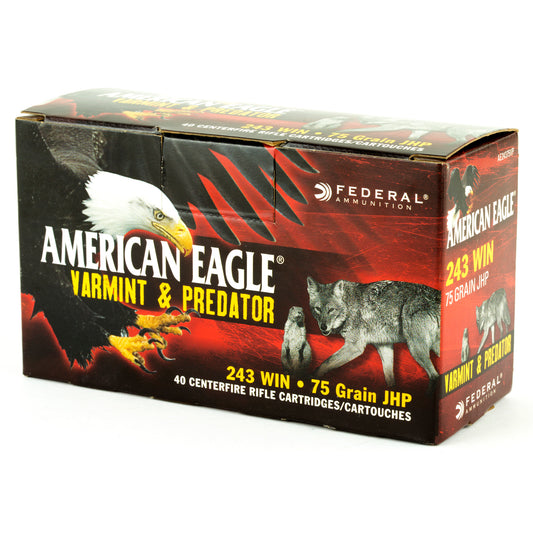 Federal American Eagle Varmint & Predator .243 Winchester Hollow Point Ammunition - 75 Grain, Box of 40