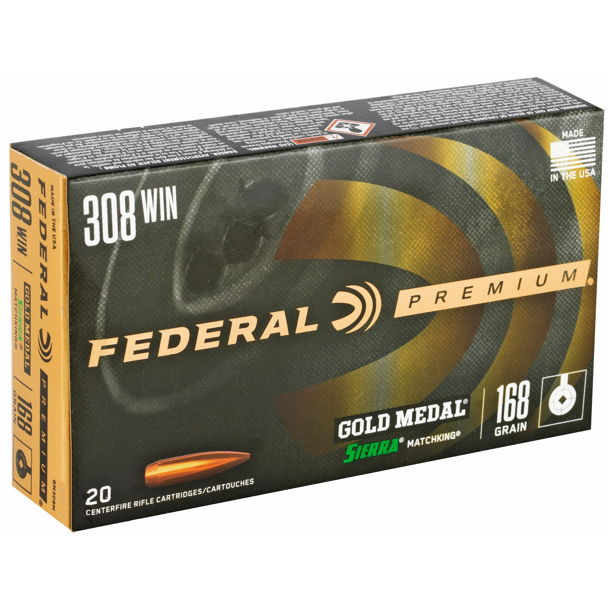 Federal Gold Medal .308 Winchester 168 Grain Boat Tail Hollow Point Match Ammunition (20 Rounds)