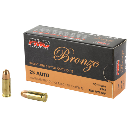 PMC Ammunition Bronze 25 ACP Full Metal Jacket Cartridges * 50 Grain, 50 Rounds per Box