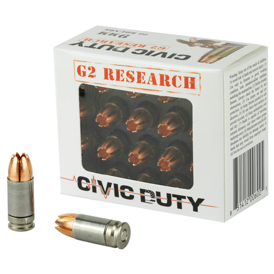 G2 Research Civic Duty 9mm 94-Grain Copper Self-Defense Ammunition, Pack of 20