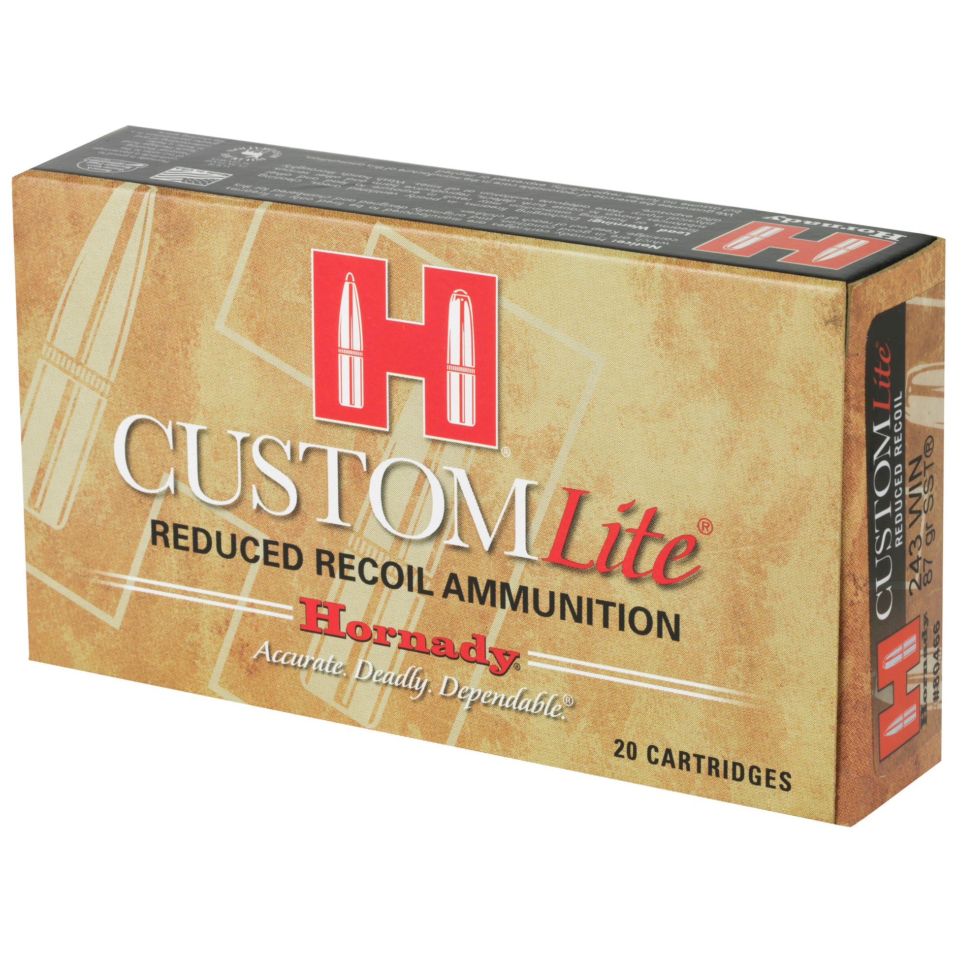 Hornady Custom Lite .243 Winchester 87 Grain SST Ammunition - Reduced Recoil, 20 Rounds per Box