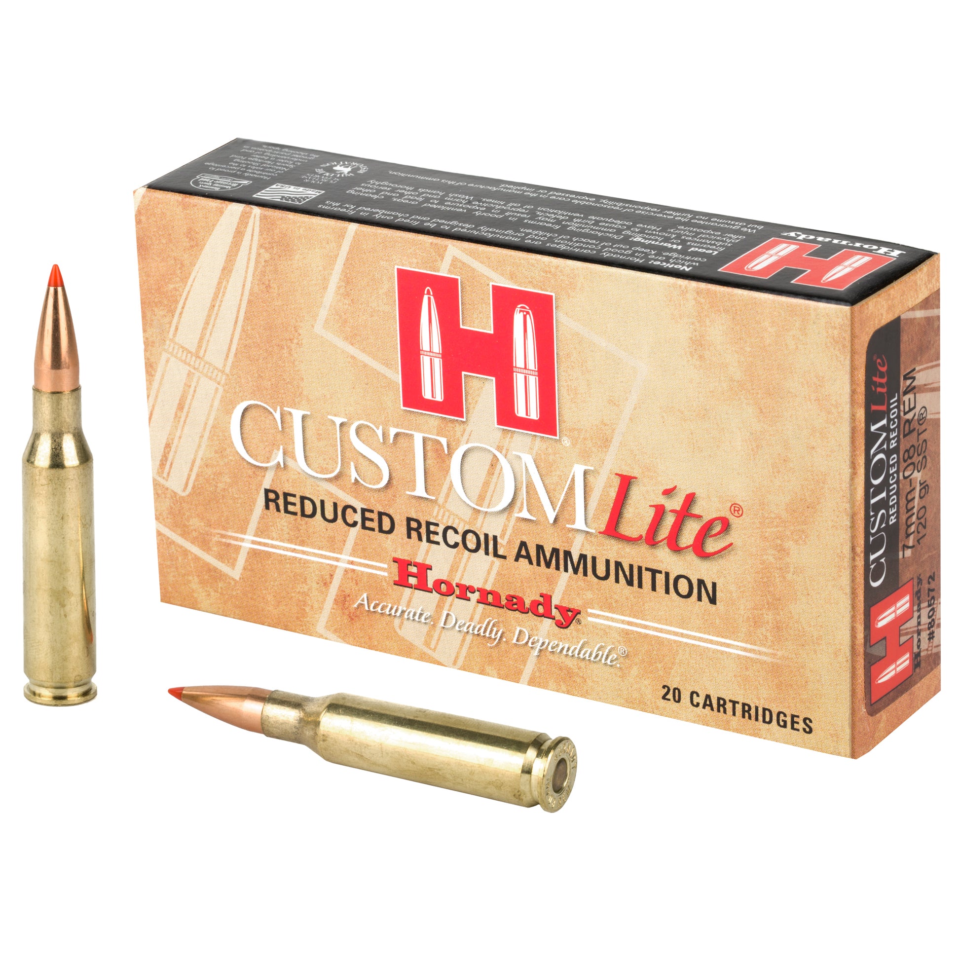 Hornady Custom Lite 7mm-08 Remington 120 Grain SST Ammunition - Reduced Recoil, 20 Rounds per Box