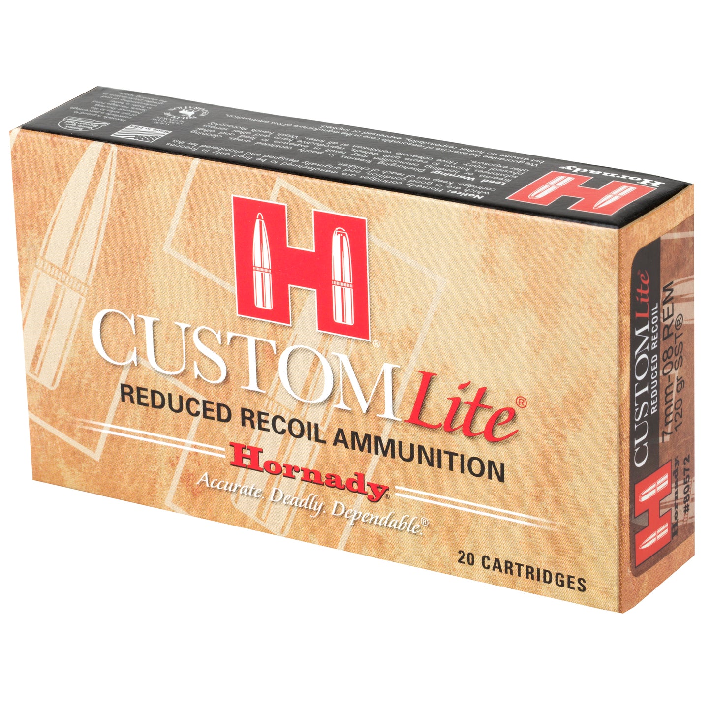 Hornady Custom Lite 7mm-08 Remington 120 Grain SST Ammunition - Reduced Recoil, 20 Rounds per Box