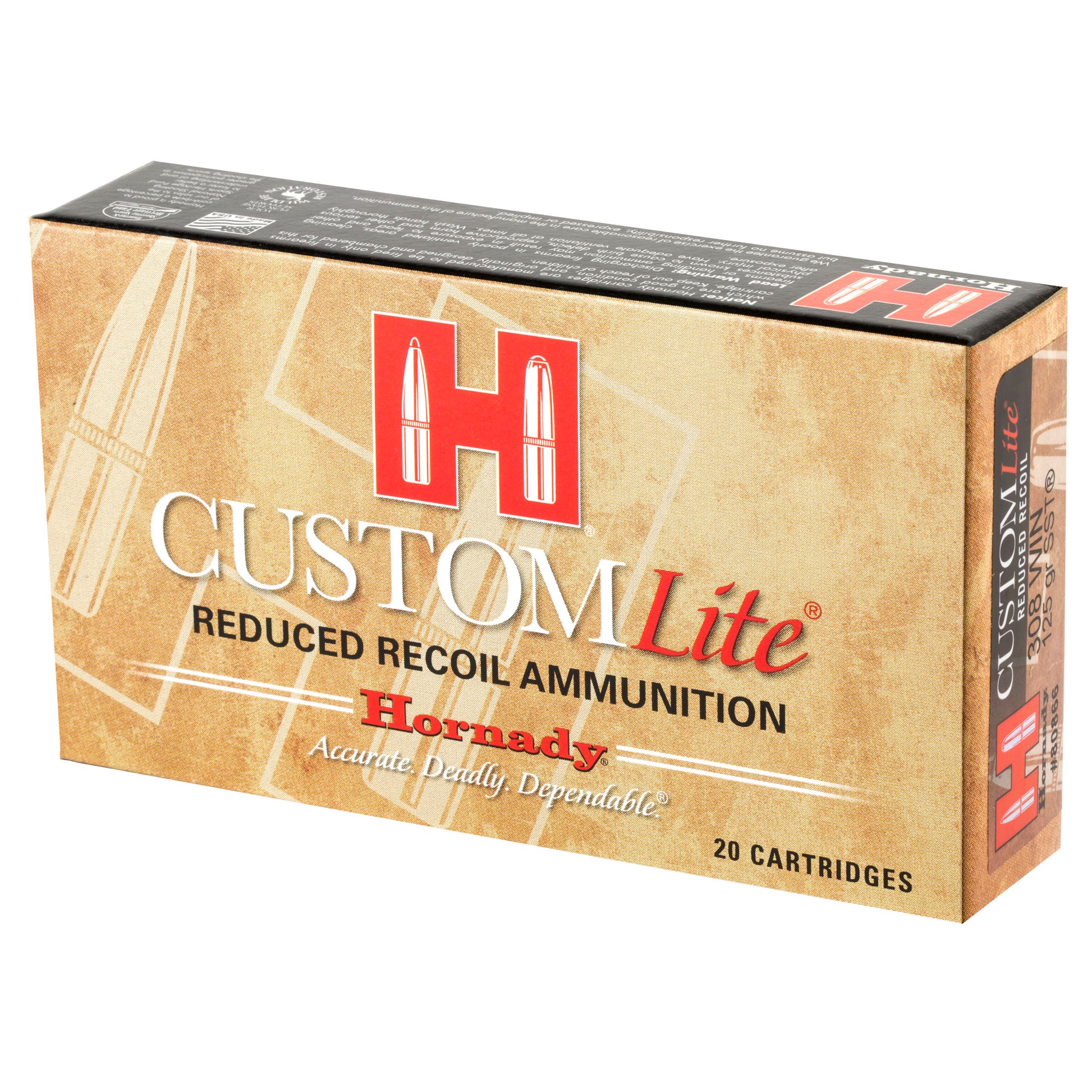 Hornady Custom Lite .308 Winchester 125 Grain SST Ammunition - Reduced Recoil, 20 Rounds