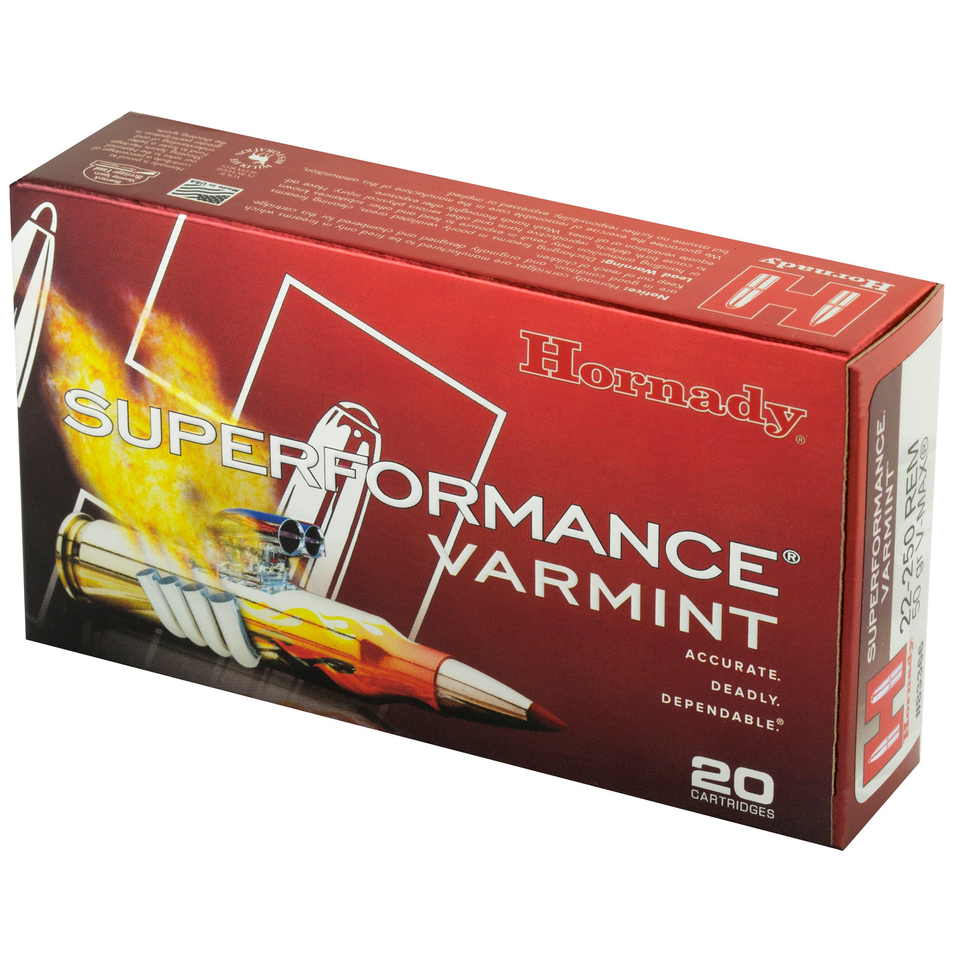 Hornady Superformance Varmint 22-250 Remington 50 Grain V-Max Ammunition - Pack of 20