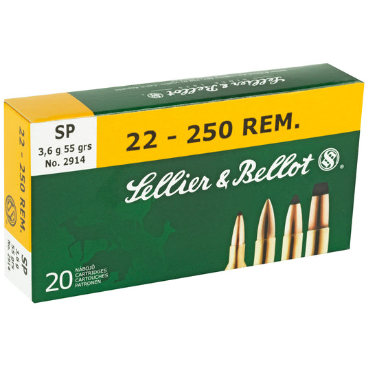 Sellier & Bellot 22-250 Remington Rifle Ammunition, 55 Grain Soft Point, 20-Round Box