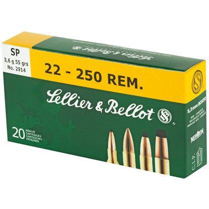 Sellier & Bellot 22-250 Remington Rifle Ammunition, 55 Grain Soft Point, 20-Round Box