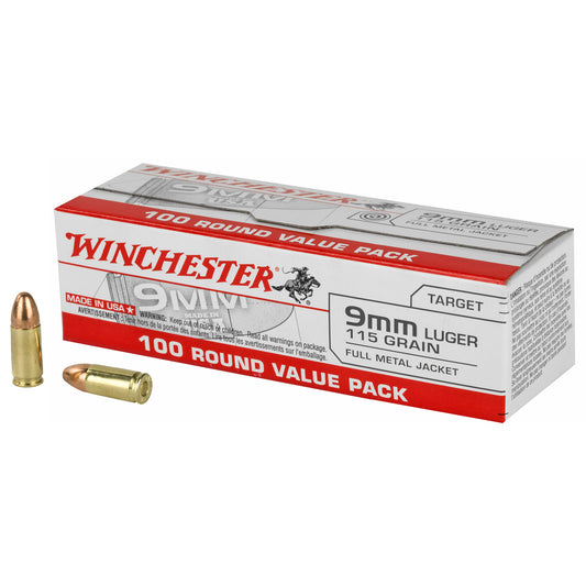 Winchester Ammunition USA 9mm 115-Grain Full Metal Jacket (FMJ) - 100 Rounds per Box, 1000 Rounds per Case