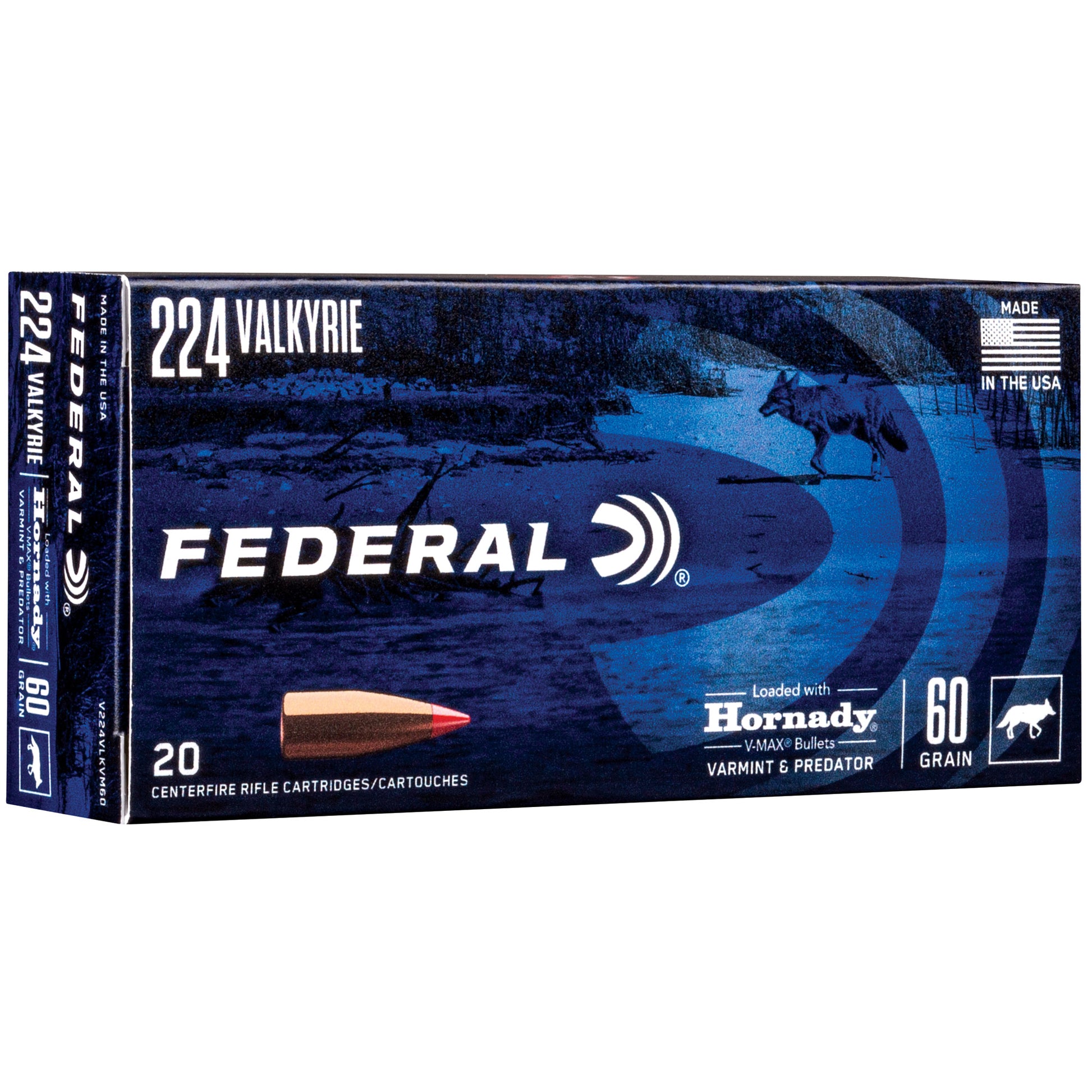 Federal Varmint & Predator 224 Valkyrie 60 Grain V-Max Ammo - Pack of 20