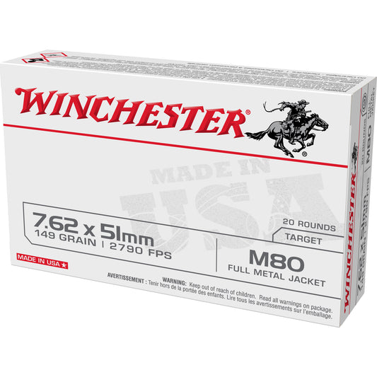 Winchester Ammunition 7.62x51mm M80 Full Metal Jacket Ammo - 149 Grain, Box of 20