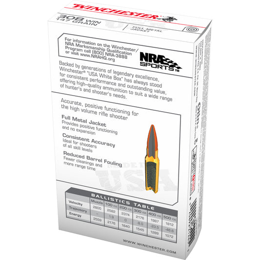Winchester Ammunition USA White Box .308 Winchester 147-Grain Full Metal Jacket, 20 Rounds