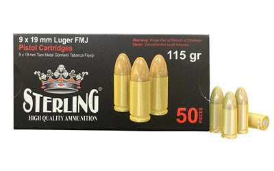 Sterling 9mm 115-Grain Full Metal Jacket Ammunition * 50 Rounds per Box, 1000 Rounds per Case