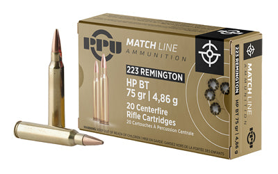 Prvi Partizan PPU .223 Rem Match 75 Grain Boat Tail Hollow Point Ammunition - 20 Rounds per Box, 1000 Rounds per Case