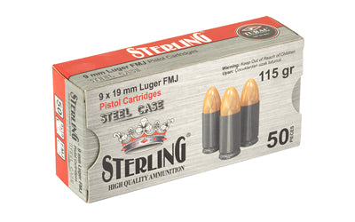 Sterling 9mm 115 Grain FMJ Steel Case Ammunition - 50 Rounds / Box, 1500 Rounds per Case